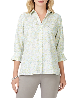 Foxcroft Meryl Coast To Coast Print Cotton Button-up Shirt In Sea Mist