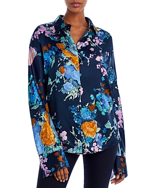 Vince Painted Bouquet Long Sleeve Silk Button-up Shirt In Coastal