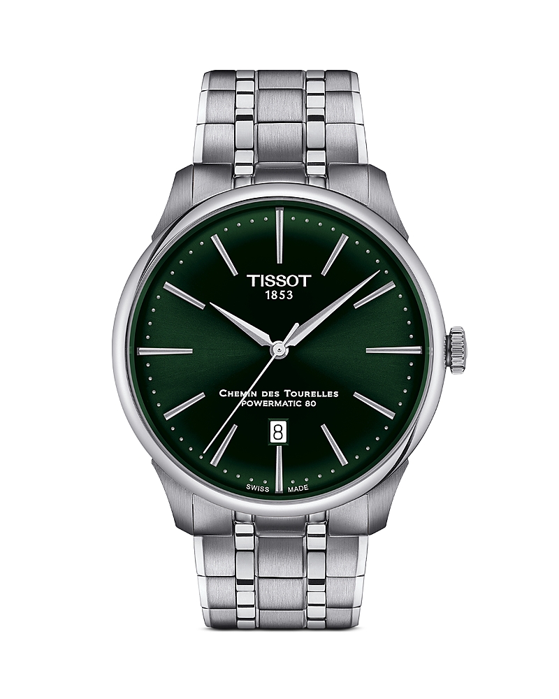 Tissot Men's Swiss Automatic Chemin Des Tourelles Powermatic 80 Stainless Steel Bracelet Watch 42mm In Green/silver