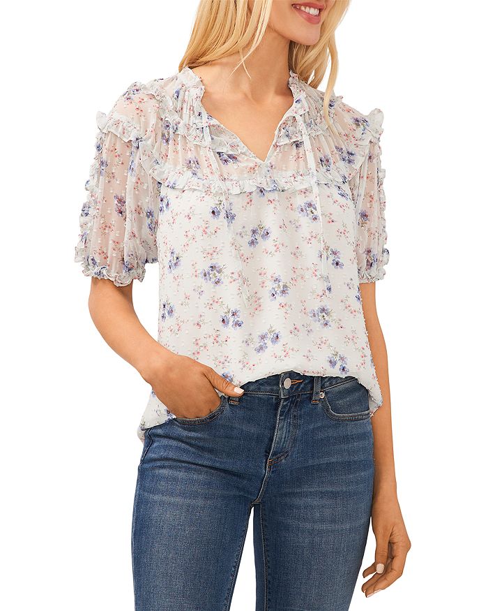 CeCe Printed Ruffled Yoke Top Bloomingdale's