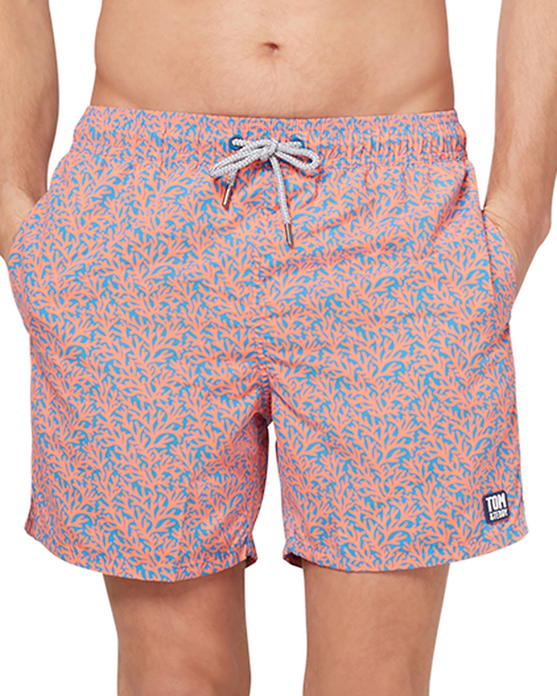 Tom & Teddy Coral Print Swim Trunks In Mid Blue Orange