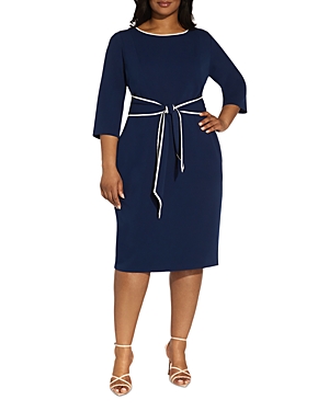 Adrianna Papell Plus Crepe Tipped Trim Dress In Navy/ivory
