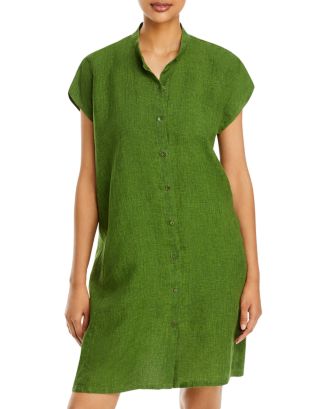 Eileen Fisher Women's Organic Linen Mandarin Collar Cap Sleeve Dress Green Size Medium