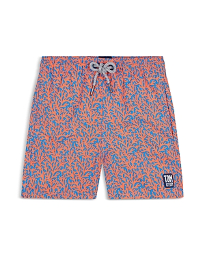 Shop Tom & Teddy Boys' Coral Print Swim Trunks - Little Kid, Big Kid In Mid Blue/orange