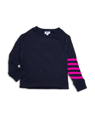 Worthy Threads - Girls Navy Cropped Crew Neck with Magenta Stripes - Little Kid, Big Kid