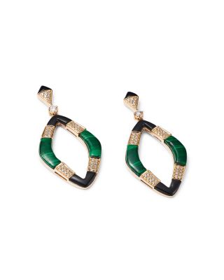 Malachite, Onyx & Diamond Drop Earrings in 14K Yellow Gold 