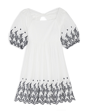Us Angels Girls' Embroidered Puff Sleeve Dress - Big Kid In White/navy
