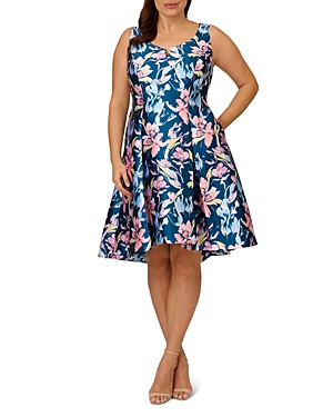 Adrianna Papell Plus Mikado High Low Fit & Flare Dress In Navy Multi