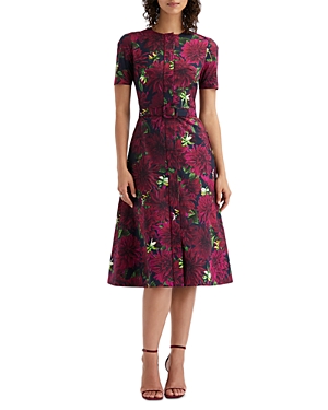 Shop Oscar De La Renta Printed Button Front Dress In Burgundy/navy
