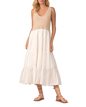 Elan Mixed Media Midi Dress In White Natural