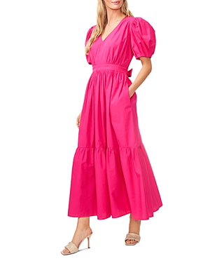 Shop Cece Cotton Belted Puff Sleeve Maxi Dress In Bright Rose