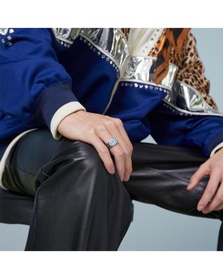 Sterling Silver Interlocked G Blue Enamel Logo Chain Link Ring