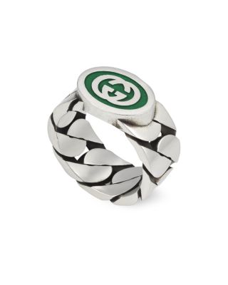 Sterling Silver Interlocked G Green Enamel Logo Chain Link Ring