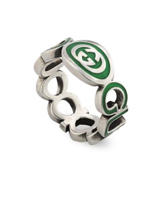 Gucci - Sterling Silver Interlocked G Green Enamel Logo Ring