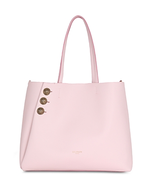 Shop Balmain Embleme Large Leather Shopping Tote With Removable Pouch In Pale Pink/gold