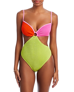 Shop Cleonie Lorne Maillot Color Blocked One Piece Swimsuit In Barbie/tangerine