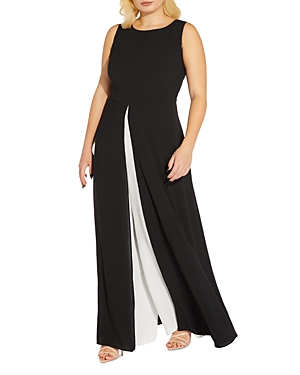 Adrianna Papell Plus Crepe Overlay Jumpsuit In Black Ivory
