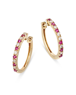 Bloomingdale's Ruby & Diamond Hoop Earrings In 14k Yellow Gold - 100% Exclusive In Pink/gold