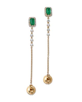 Emerald & Diamond Halo Chain Drop Earrings in 14K Yellow Gold 