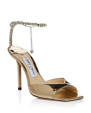 Shop Jimmy Choo Women's Saeda Ankle Strap Chain 100 High Heel Sandals In Gold/cryho