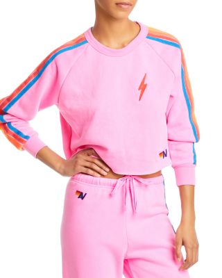 Aviator Nation Striped Cropped Sweatshirt In Neon Pink neon