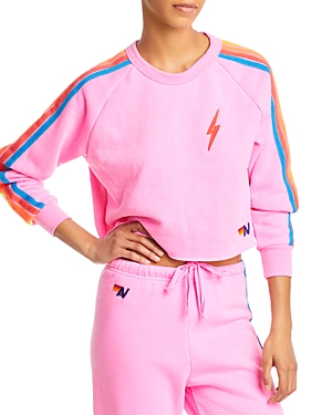 Aviator Nation Striped Cropped Sweatshirt In Neon Pink/neon Rainbow