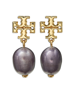 Tory Burch Kira Logo & Cultured Freshwater Pearl Drop Earrings In 18k Gold Plated In Purple/gold