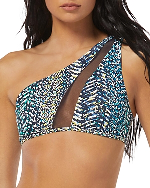 Shop Vince Camuto Printed One Shoulder Mesh Bikini Top In Midnight