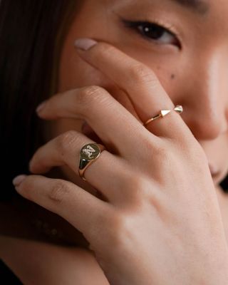 14K Yellow Gold Diamond Gothic Initial Small Signet Ring