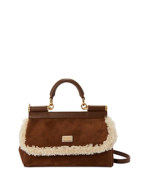 Dolce & Gabbana Elongated Sicily Faux Shearling Small Crossbody Bag In Latte/white