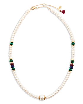 Shashi - Benno Stone & Cultured Freshwater Pearl Beaded Collar Necklace in 14K Gold Plated Sterling Silver, 16"-18"