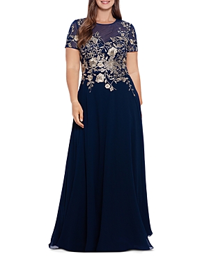 Shop Betsy & Adam Plus Size Embroidered Cap Sleeve Gown In Navy/gold
