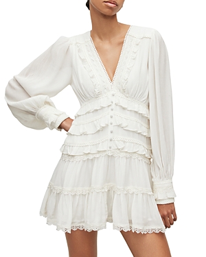 Shop Allsaints Zora Lace Trim Ruffle Mini Dress In Chalk White