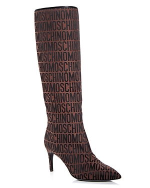 Moschino Women's Logo Print High Heel Boots In Brown Multi