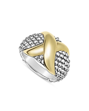 Shop Lagos 18k Yellow Gold & Sterling Silver Embrace X Dome Caviar Bead Statement Ring In Silver/gold