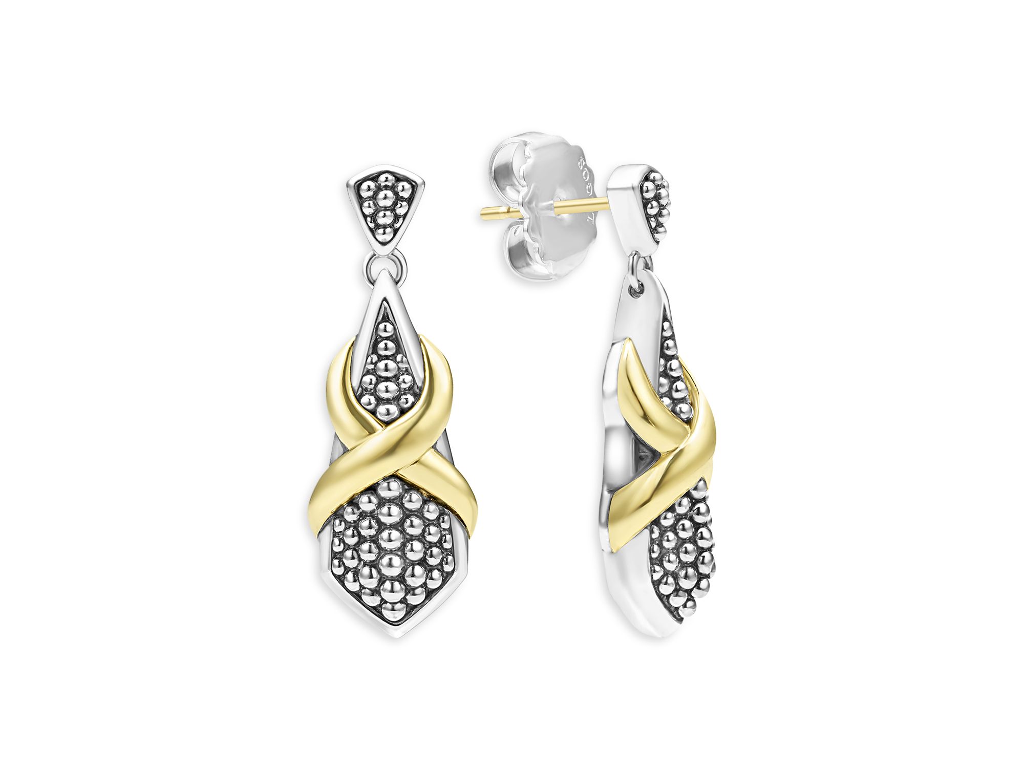 18K Yellow Gold & Sterling Silver Embrace X Caviar Bead Drop Earrings - Image 1