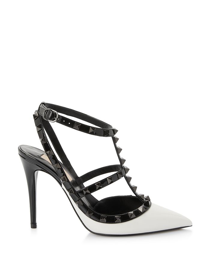 Shop Valentino Women's Rockstud Cage Leather Pumps With Studs In Ivory/black