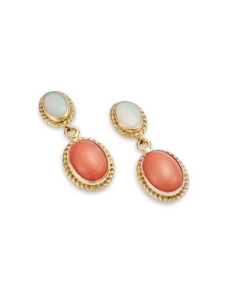 Opal & Coral Double Drop Earrings in 14K Yellow Gold