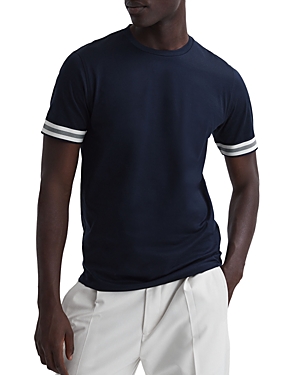 Reiss Mens Navy Dune Stripe-sleeve Slim-fit Cotton T-shirt In Navy