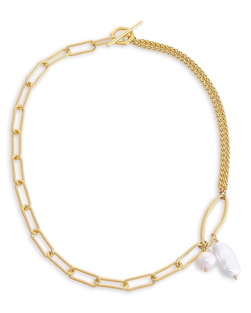 By Adina Eden Imitation Pearl Charm Mixed Link Necklace In 18k Gold Plated, 15 In White/gold