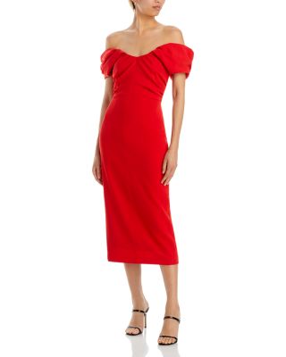 Nora Off-the-shoulder Midi Sheath Dress In Dark Poinciana