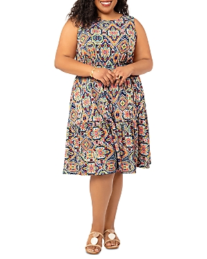 Leota Plus Kristen Moroccan Tile Dress In Cutwork Floral Beach Sand
