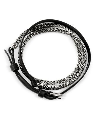Sterling Silver Classic Chain Leather Strap Wrap Bracelet