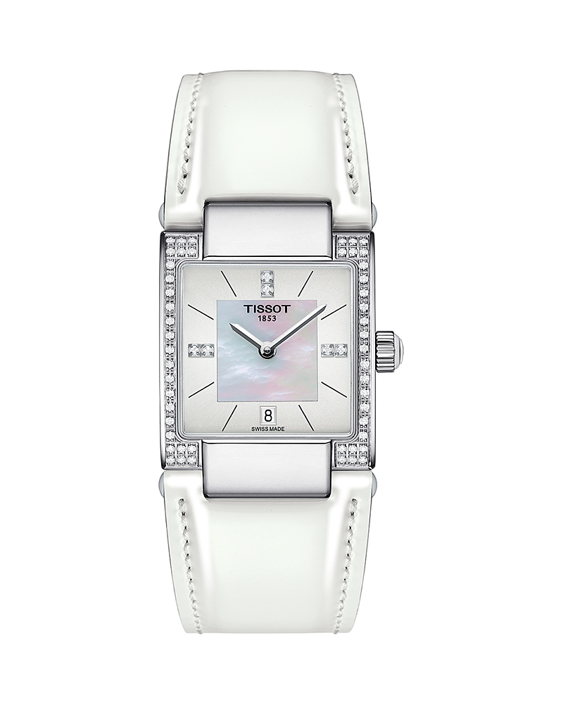 Tissot T-2 Mother Of Pearl Diamond Accented Leather Strap Watch- 0.16 Ctw, 32mm In White