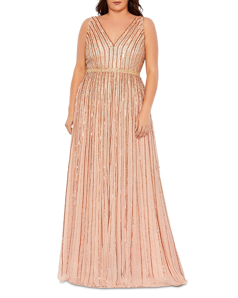 Mac Duggal Sequined Striped Sleeveless V Neck A Line Gown In Apricot