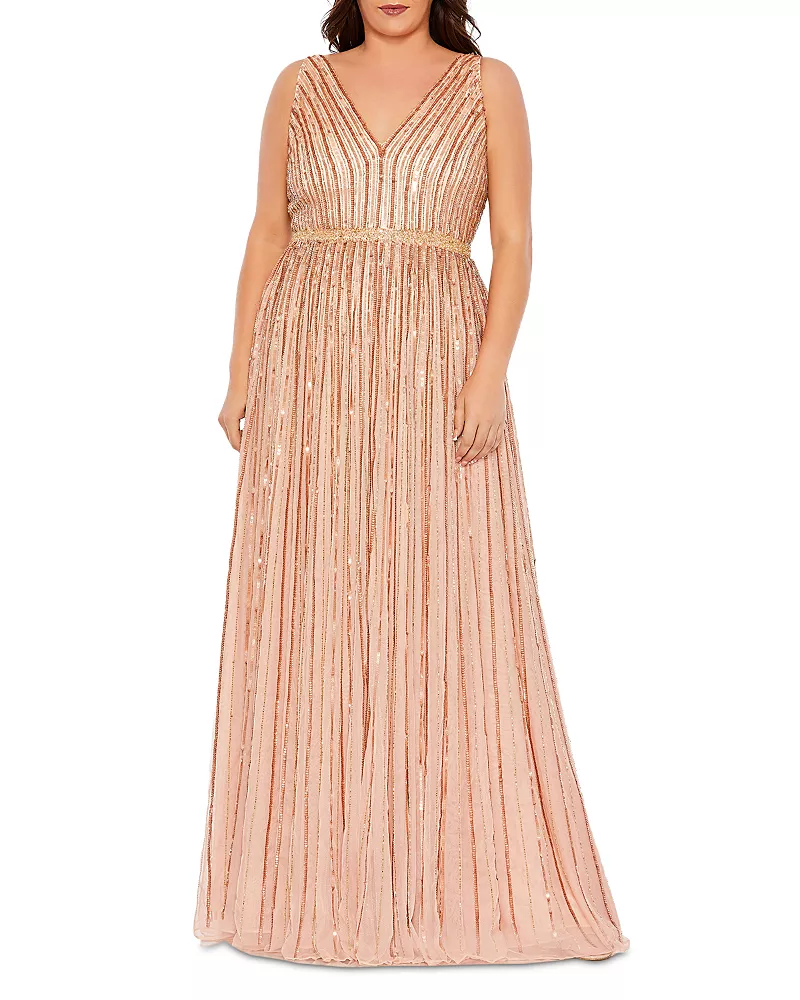 Mac Duggal Sequined Striped Sleeveless V Neck A Line Gown