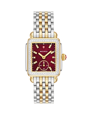 Michele Deco Mid Two Tone 18k Gold Plated Diamond Watch, 29mm X 31mm In Red/two-tone
