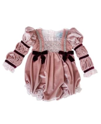 Petite Maison Kids - Girls' Juliette Pink Velour Romper with Burgundy Trim and Large Organza Back Bow - Baby, Little Kid