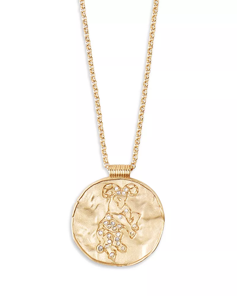 Maje Rhinestone Zodiac Pendant Necklace in Gold Tone, 26.5