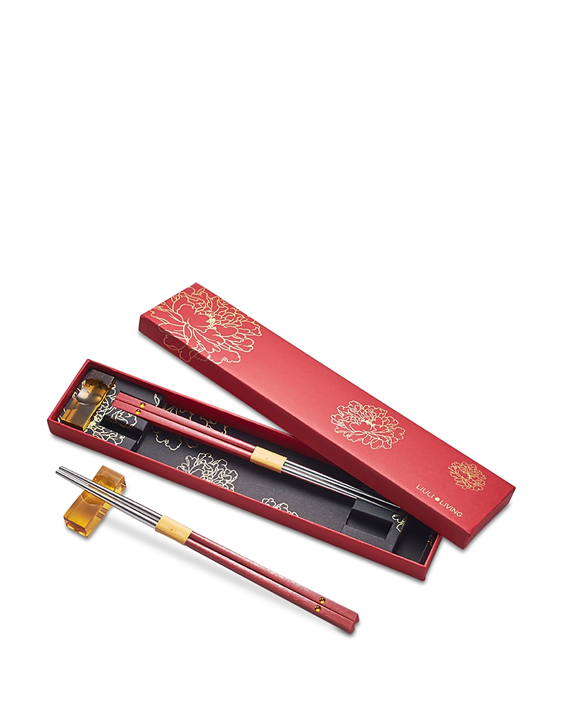 Liuli Blessed Chopsticks And Rests, Set Of 2 In Red/amber